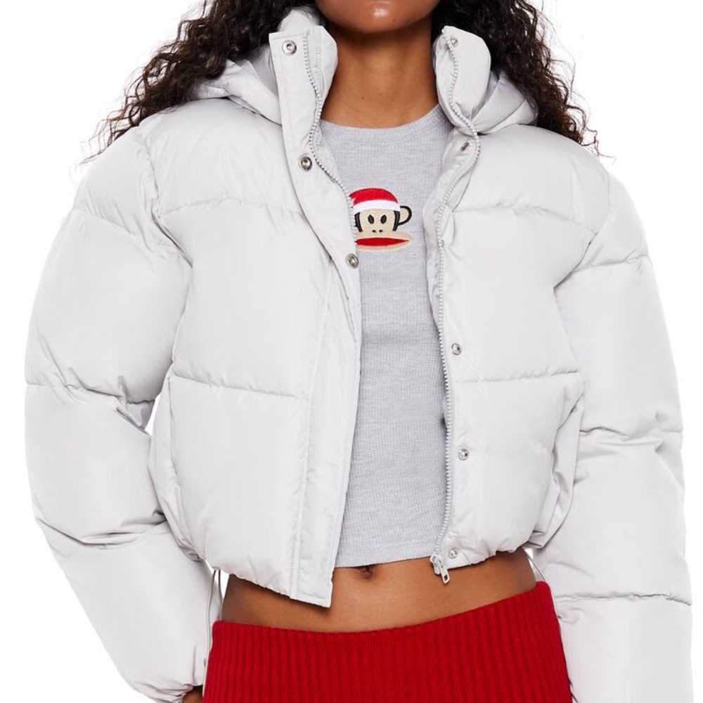 Hooded Cropped Puffer Jacket in Silver, size L